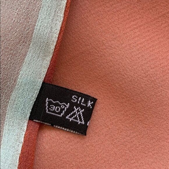 Reversible blue/coral brick butterfly very sheer silk chiffon scarf 22" x 66" - Picture 7 of 11